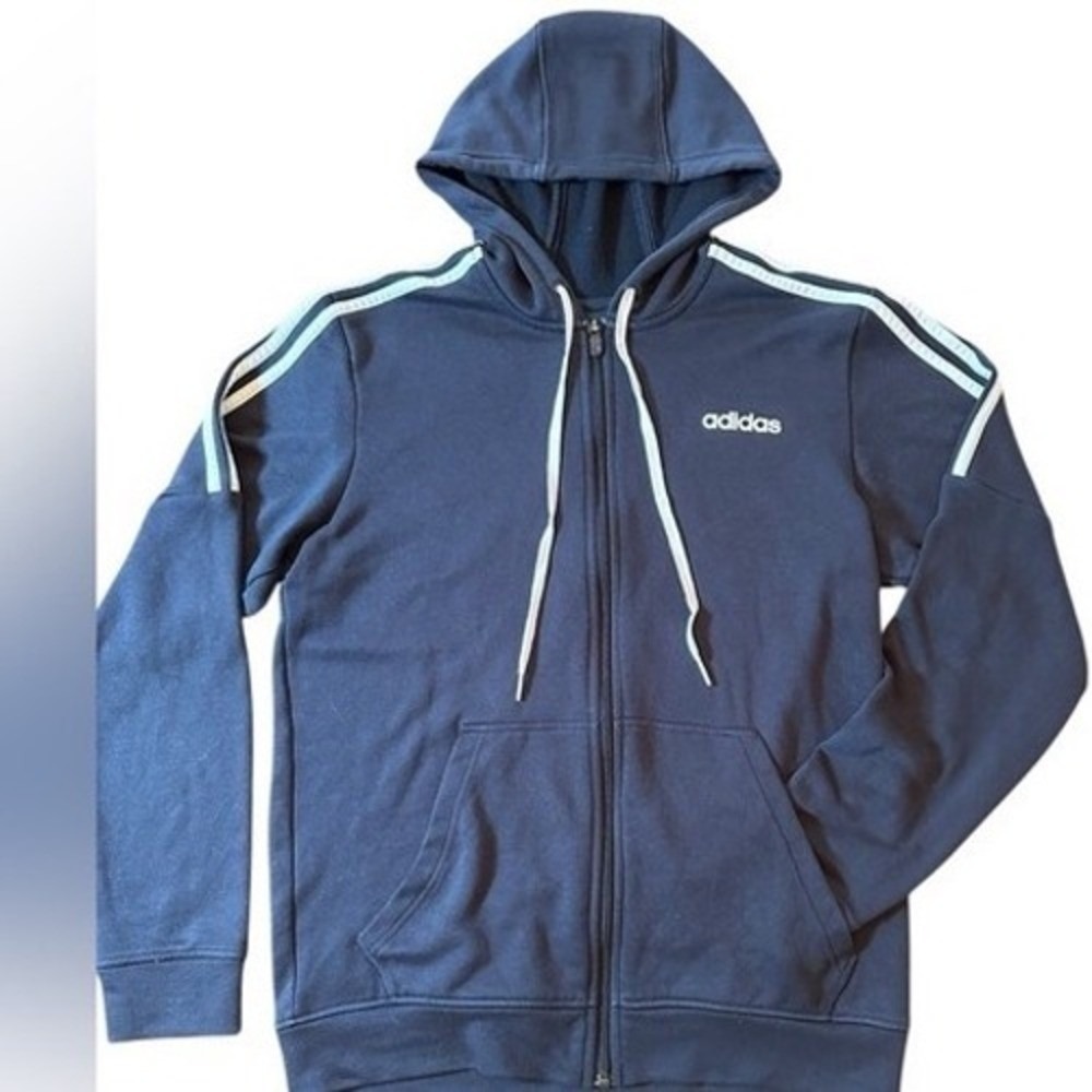 Adidas Full Zip Hoodie Mens Medium Navy Blue Excellent 3-Stripe Climalite Jacket